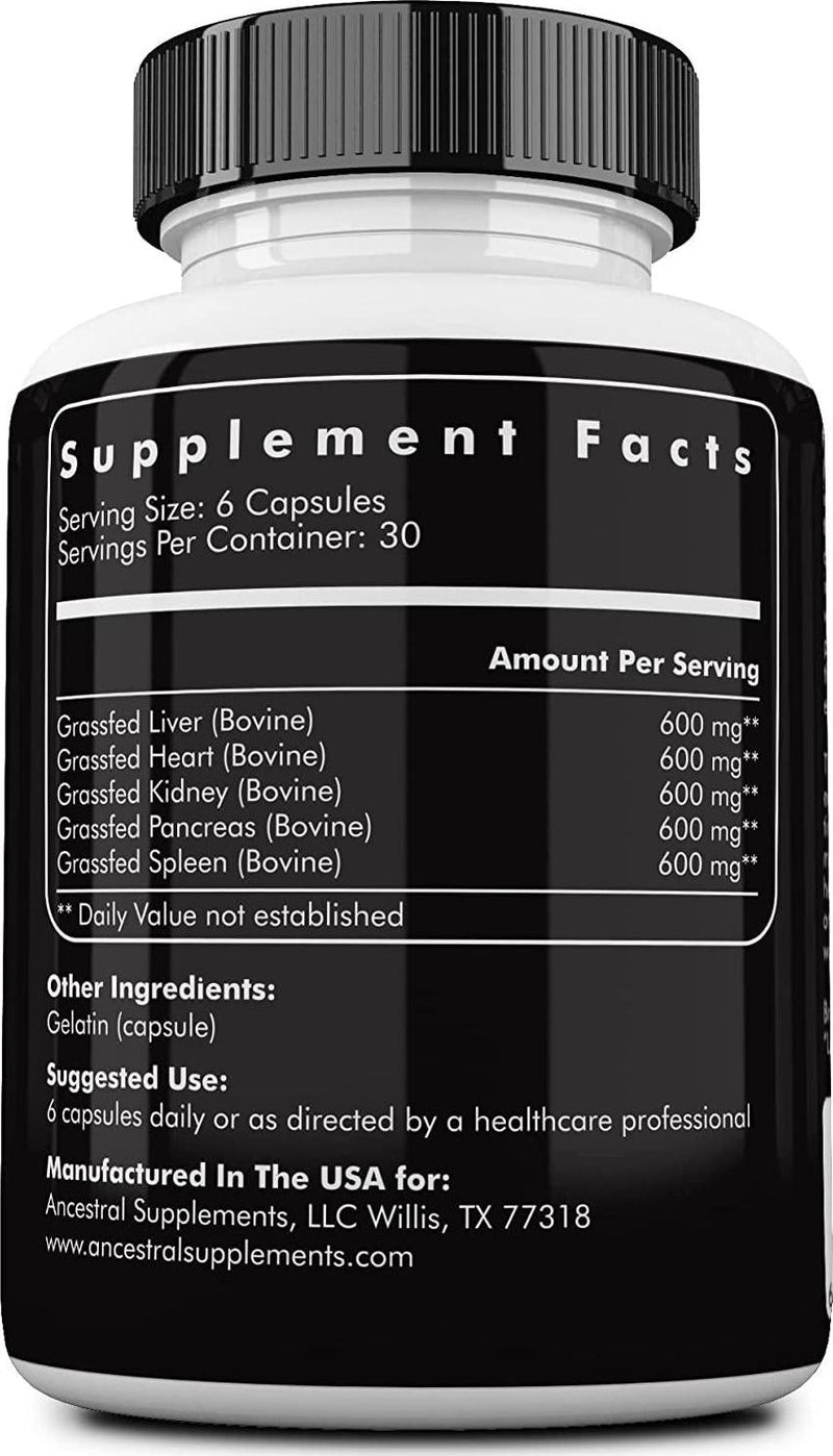Ancestral Supplements Grass Fed Beef Organs (Desiccated) — Liver, Heart, Kidney, Pancreas, Spleen (180 Capsules)