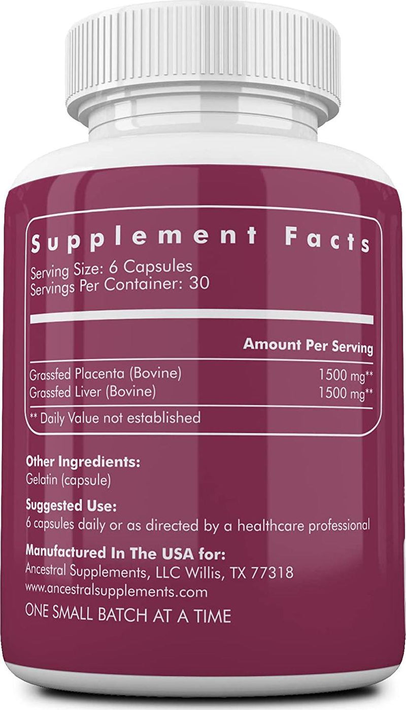 Ancestral Supplements Grass Fed Placenta (with Liver) After Birth, Nursing, Menopause and Dry Skin Support (180 Capsules)