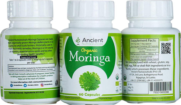 Ancient Nutraceuticals 100% Organic Pure Moringa Extract - 500mg 60 Veg Capsules 1 Bottle; Live A Healthy Life Rich in Multivitamins and Anti-Oxidants
