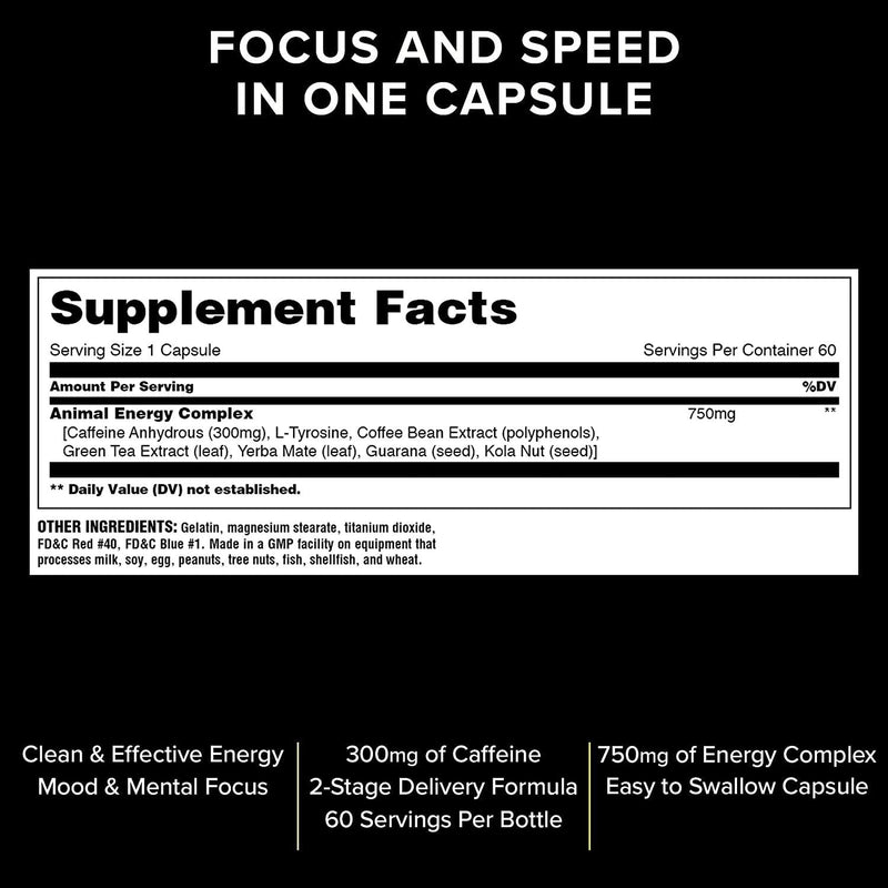 Animal Energy - Powerful 2 Stage Energy Delivery System - 300mg Caffeine per Capsule - Quick and Sustained Energy - Mood and Mental Focus Support - 60 Capsules, Black and White (3287)