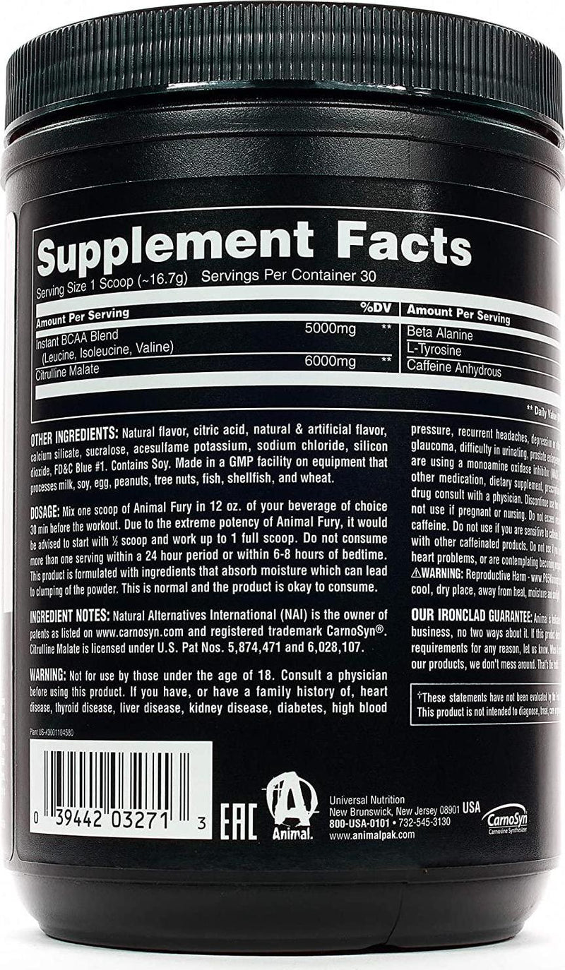 Animal Fury - Pre Workout Powder Supplement for Energy and Focus - 5g BCAA, 350mg Caffeine, Nitric Oxide, Without Creatine - Powerful Stimulant for Bodybuilders - Ice Pop - 30 Servings