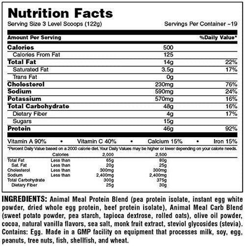 Animal Meal All Natural High Calorie Meal Shake Egg Whites, Beef Protein, Pea Protein, Rolled Oats, Sweet Potato, Chocolate 5 Pound