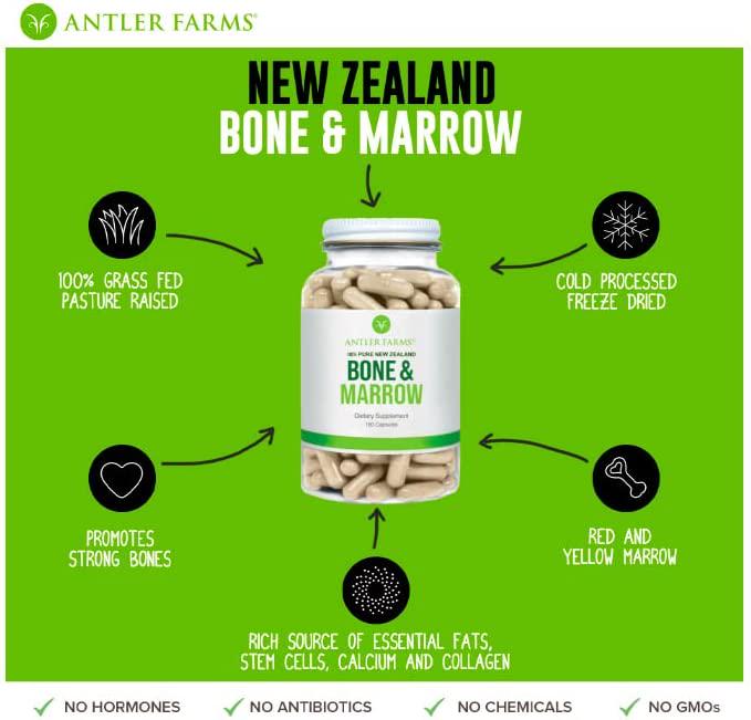 Antler Farms - 100% Pure New Zealand Bone and Marrow, 180 Capsules, 750mg - Grass Fed, Pasture Raised Whole Bone Extract, Healthy Essential Fats, Stem Cells, Collagen, Calcium, Phosphorus and Minerals