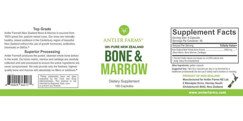 Antler Farms - 100% Pure New Zealand Bone and Marrow, 180 Capsules, 750mg - Grass Fed, Pasture Raised Whole Bone Extract, Healthy Essential Fats, Stem Cells, Collagen, Calcium, Phosphorus and Minerals