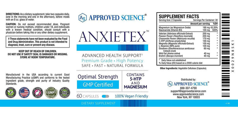 Anxietex - Naturally Decrease Stress and Anxiety - 60 Vegan Friendly Capsules Per Bottle - 6 Bottle (360 Capsules)