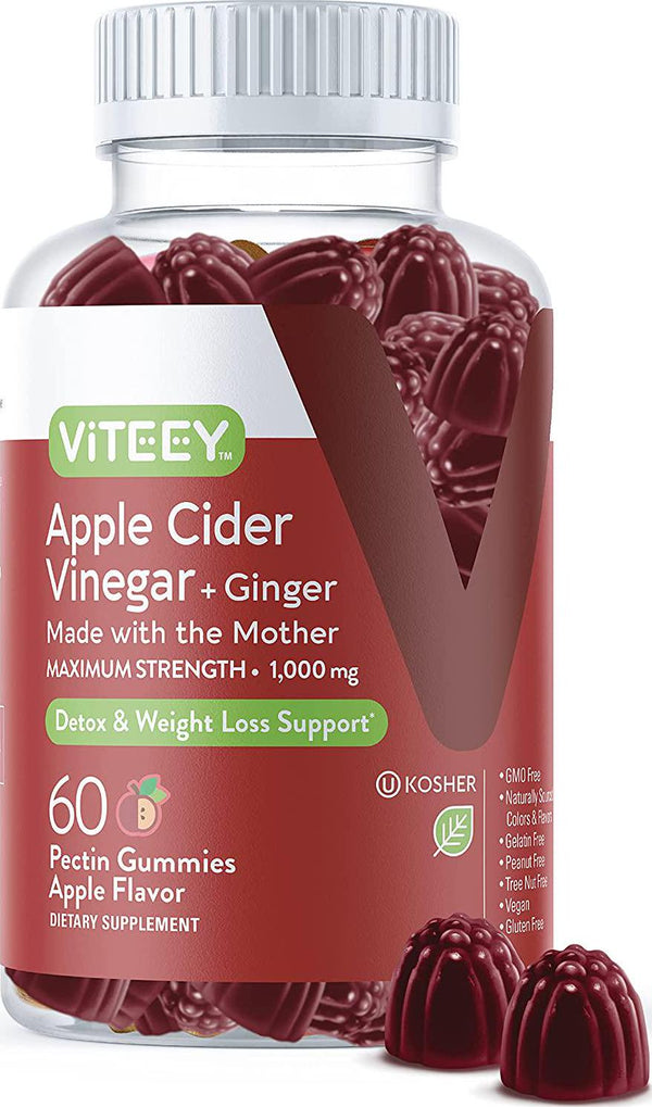 Apple Cider Vinegar Gummies Maximum Strength 1,000mg Plus Ginger, ACV With The Mother Dietary Supplement, Supports Immune Health, Detox, Cleanse, Weight loss and Digestion-Pectin Gummy [60 Count-1 Pack]
