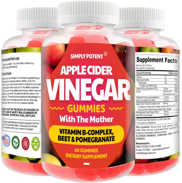 Apple Cider Vinegar Gummies, Tasty Alternative to Apple Cider Vinegar Capsules, ACV Gummies with The Mother for Weight Loss, 60 500mg Pills with Pomegranate, Beet and B Vitamins for Gut Cleanse and Detox