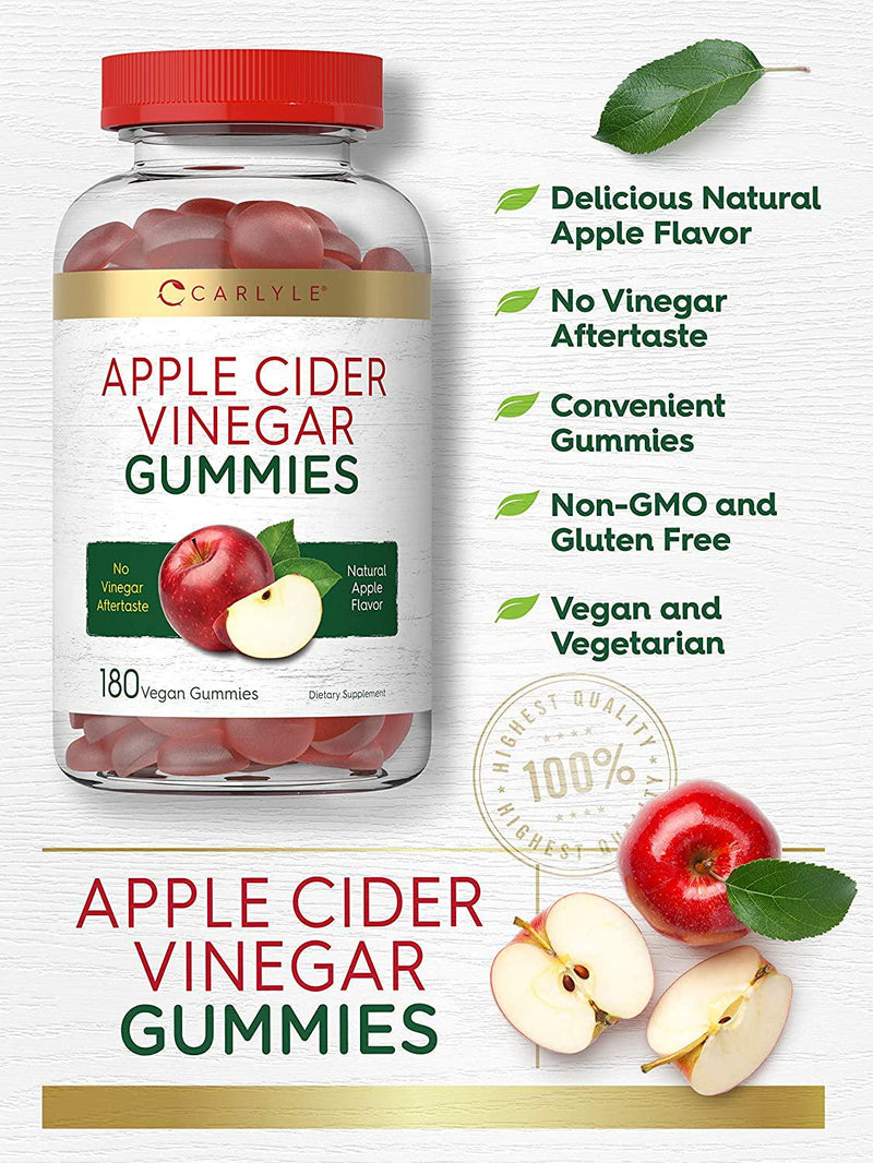 Apple Cider Vinegar Gummies | 180 Count | Natural Apple Flavor | Vegan, Non-GMO, Gluten Free | ACV Supplement | by Carlyle