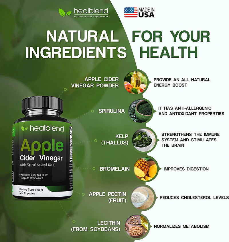 Apple Cider Vinegar with Spirulina and Kelp Dietary Supplement - Metabolism, Detox and Immune Support Formula - Keto Diet Pills for Women Men, 120 Capsules