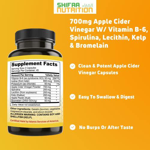 Apple Cider Vinegar Capsules for Women and Men by SHIFAA Nutrition - These Gluten Free Keto Pills Support Digestion, Metabolism and Immune System, Heart Health - Halal - 700 MG 45 Servings