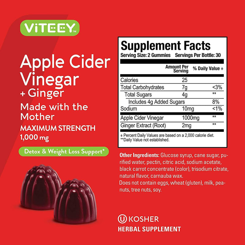 Apple Cider Vinegar Gummies Maximum Strength 1,000mg Plus Ginger, ACV With The Mother Dietary Supplement, Supports Immune Health, Detox, Cleanse, Weight loss and Digestion-Pectin Gummy [60 Count-2 Pack]
