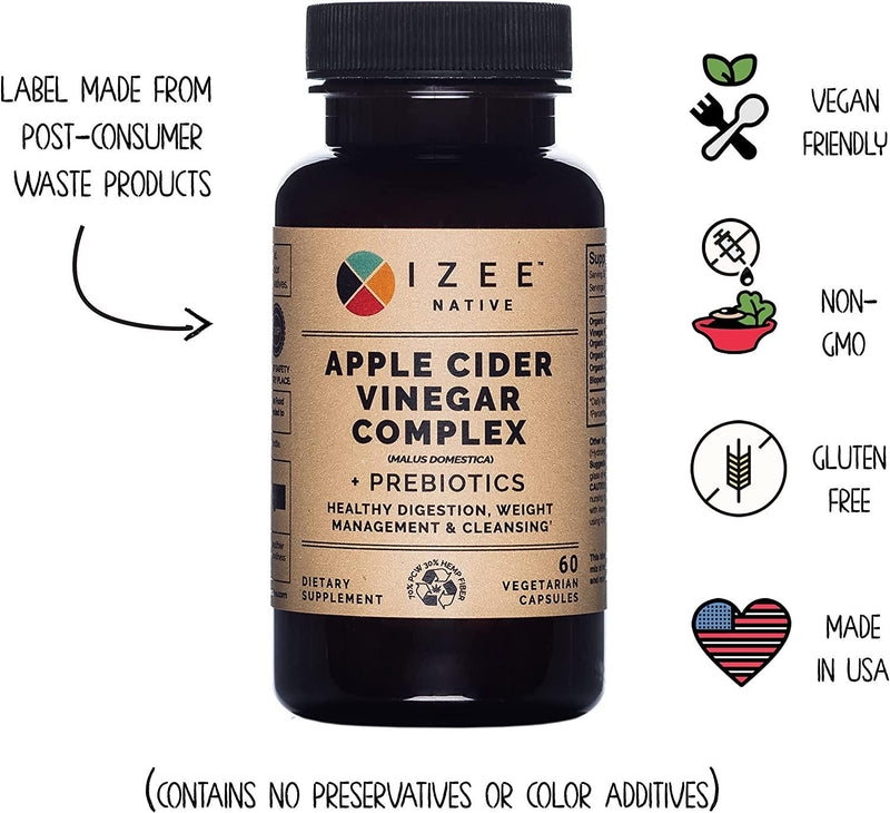 Apple Cider Vinegar Complex + Prebiotic Capsules by Izee Native | 60 Count Organic Apple Cider Vinegar Pills | Tasteless Vegan, Keto, Non-GMO, Raw Apple Cider Vinegar Supplements with Prebiotics