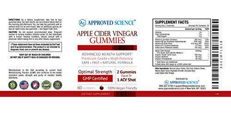 Approved Science Apple Cider Vinegar Gummies with Mother 1000mg - Boost and Support - Vegan, Non-GMO, Made in USA - 60 Gummies