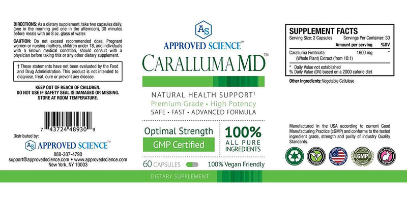 Approved ScienceÂ Caralluma MD- 100% Pure Caralluma Fimbriata - 1600 mg - 60 Vegan Friendly Capsules