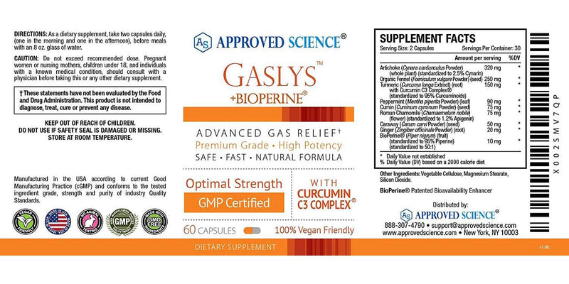 Approved Science Gaslys - Soothe Digestive Tract, Alleviates Gas and Stomach Cramps - Artichoke Powder, Ginger, Fennel Seed - 60 Count - Pack of 1