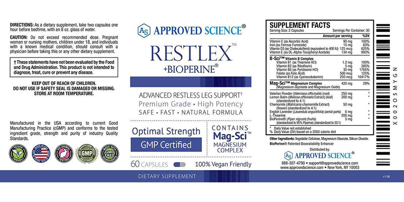 Approved Science Restlex - Natural Restless Leg Relief - 420 mg Magnesium Glycinate Blend, L-theanine 200 mg - 60 Vegan Friendly Capsules