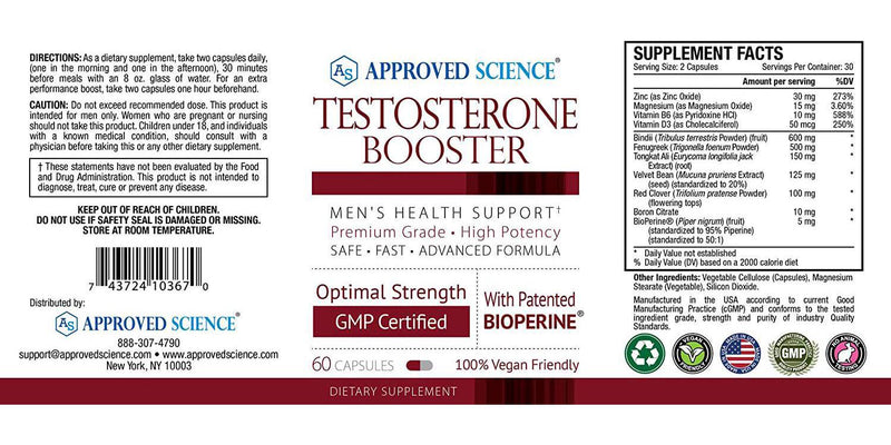 Approved ScienceÂ Testosterone Booster - 600 mg Tribulus, 150 mg Tongkat Ali, ZInc, Fenugreek - All Natural Vegan Friendly - 90 Capsules Per Bottle - 3 Bottles