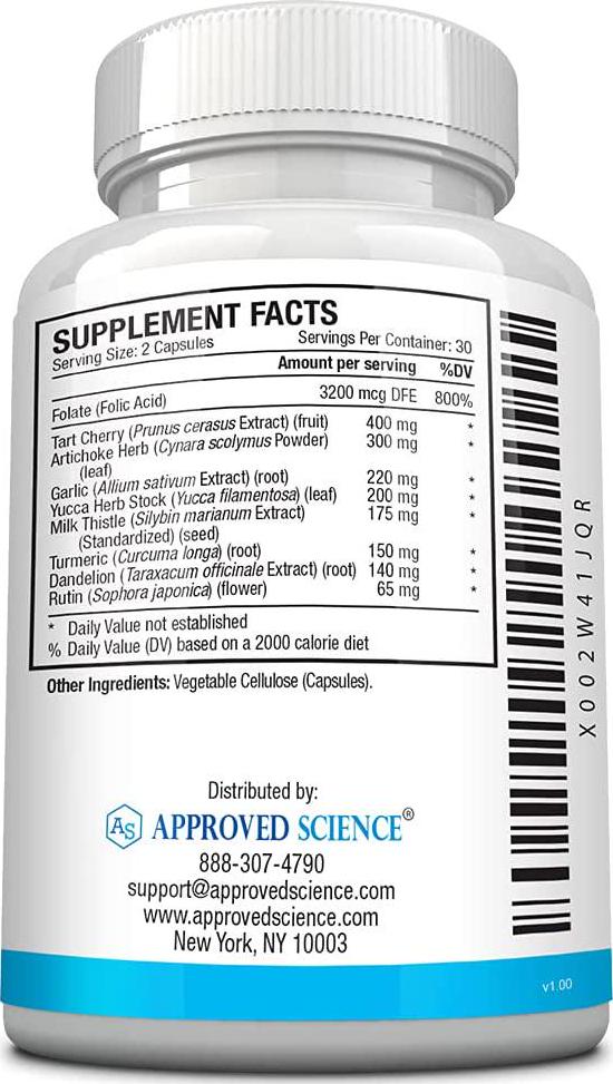 Approved ScienceÂ Uric Acid Flush Supplement with Folic Acid and Tart Cherry - Reduce Uric Acid Levels, Boost Immune System, Improve Organ Function - 60 Capsules - 1 Month Supply - Made in The USA
