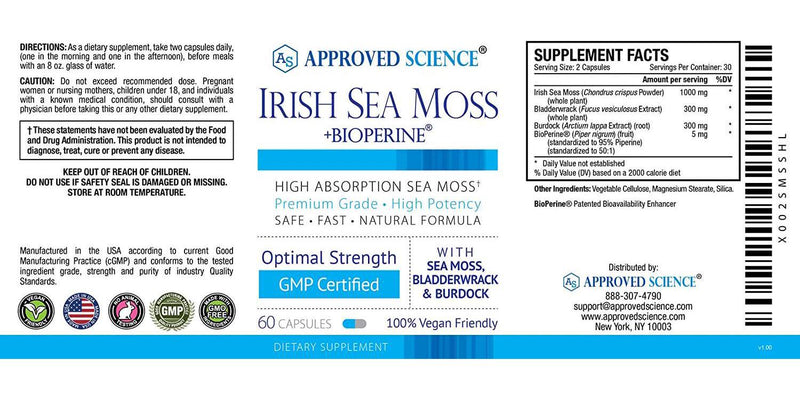 Approved Science Wild-Crafted Irish Sea Moss - Bladderwrack, Burdock - Immune, Heart, Thyroid, Gut Health, Anti-Aging Support - 180 Capsules