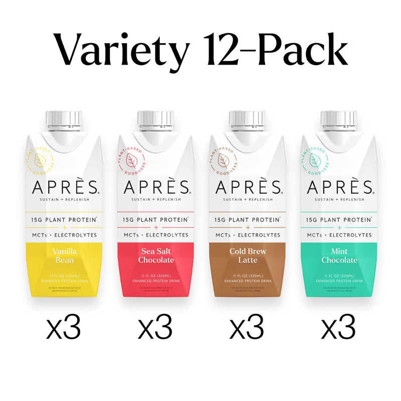Apres Plant-Based Protein Shake Variety Pack with MCTs and Electrolytes, Vegan, Non-GMO, Dairy-Free, Gluten-Free, Soy-Free Drink 11 Fl Oz, 12 Bottles
