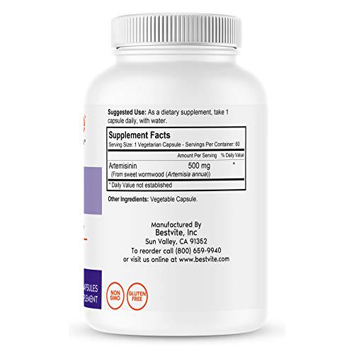 Artemisinin 500mg (60 Vegetarian Capsules) - No Stearates - No Flow Agents - No Fillers - Vegan - Gluten Free - Non GMO