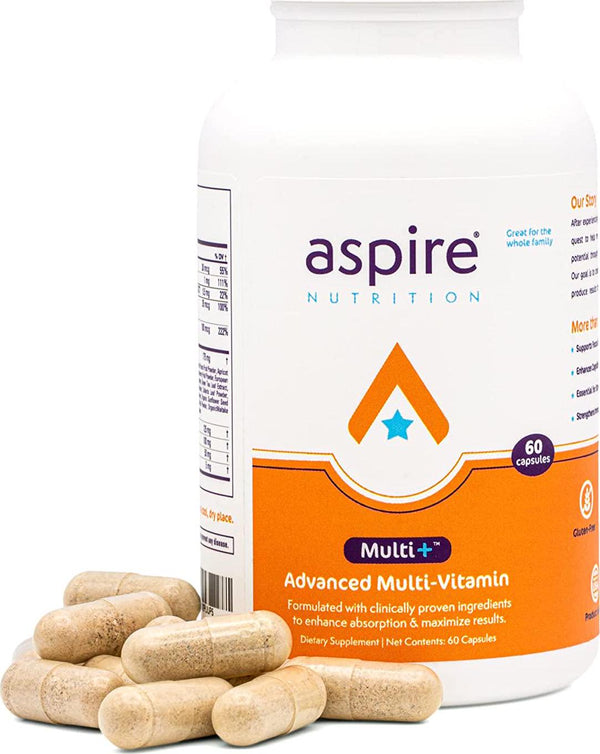 Aspire Multi+ Advanced Multivitamin for Men, Women and Kids (Flavored Capsule) - Best Supplement for Focus, Attention, Memory, Mood. More Absorbent Nutrients, Minerals and Vitamins - All Natural