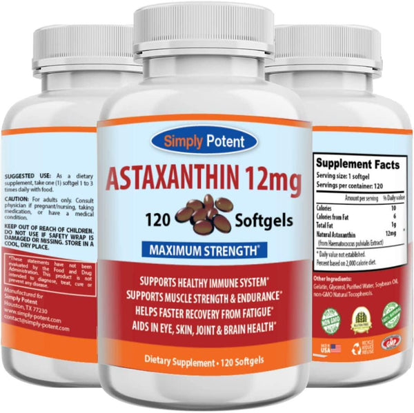 Astaxanthin 12mg 120 Softgels, High Potency Triple Strength Antioxidant Gel Cap Supplement Supports Joint, Heart, Brain, Skin, Eye Health and Muscle Fatigue Recovery