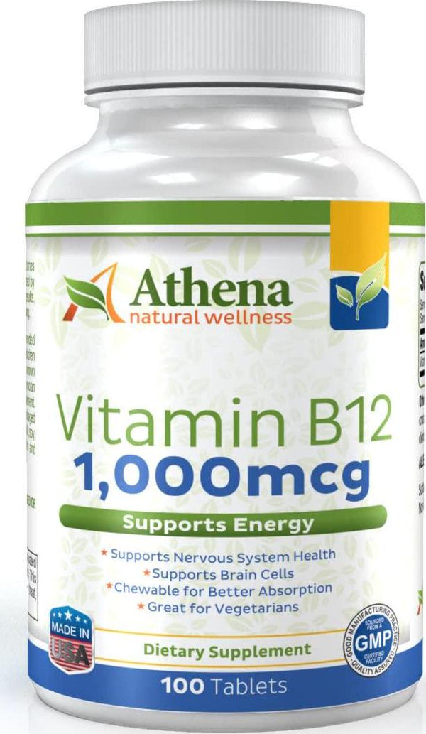 Athena - Vitamin B12 1,000mcg Chewable Tablets Supplement - Methylcobalamin - Cherry Flavor - High Potency- Suitable for Vegetarians - 100 Tablets