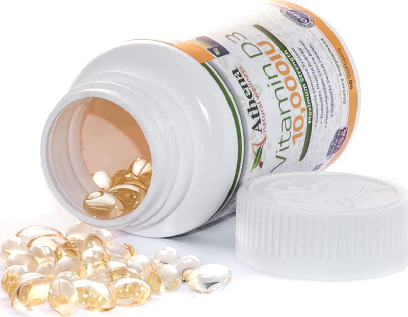 Athena - Vitamin D3 10,000IU High Strength - 90 Softgels Capsules - Supports Immune System, Muscle Energy, Strong Bones and Healthy Dental