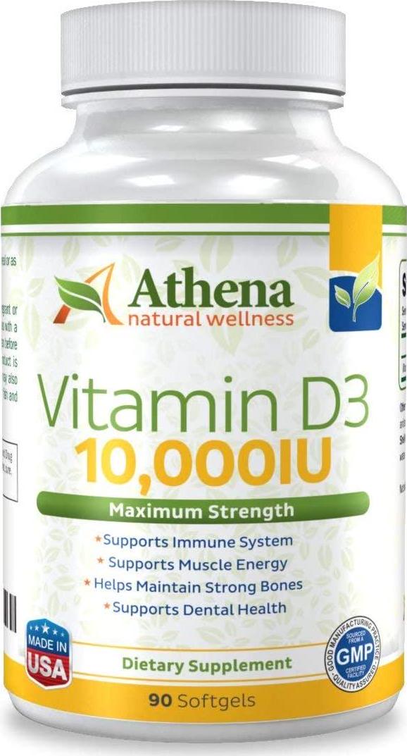 Athena - Vitamin D3 10,000IU High Strength - 90 Softgels Capsules - Supports Immune System, Muscle Energy, Strong Bones and Healthy Dental