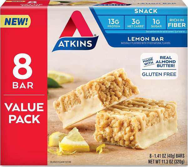 Atkins Atkins Gluten Free Snack bar, Lemon bar, Keto Friendly, 8 Count (Value Pack)