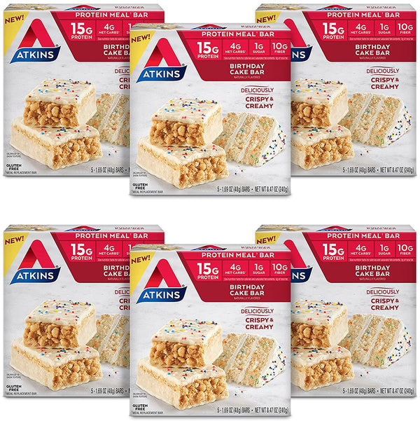 Atkins Birthday Cake Protein Meal Bar. Crispy and Creamy with Real Almond Butter. Keto-Friendly, 5 Count (Pack of 6)