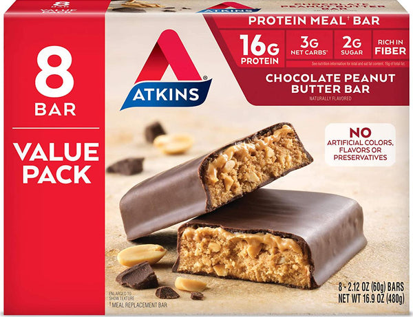 Atkins Chocolate Peanut Butter Protein Meal Bar. Rich in Fiber. Keto-Friendly. Value Pack (8 Bars)