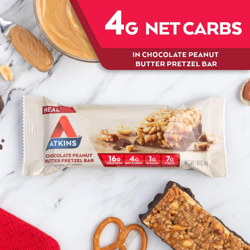 Atkins Chocolate Peanut Butter Pretzel Protein Meal Bar. Sweet and Salty. Keto-Friendly. (5 Bars)