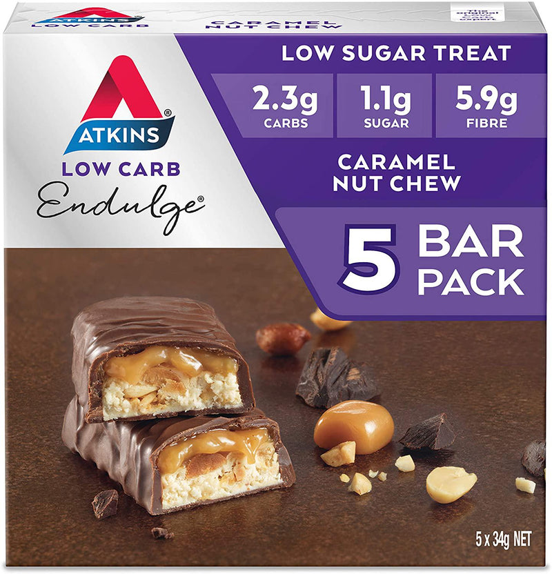 Atkins Endulge Caramel Nut Chew Bars | Keto Friendly Bars | 5 x 34g Low Carb Caramel Chocolate Bars | Low Carb, Low Sugar, High Fibre | 5 Bar Pack