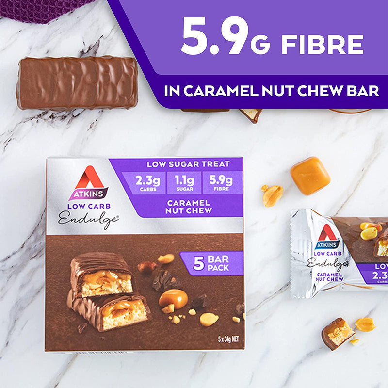 Atkins Endulge Caramel Nut Chew Bars | Keto Friendly Bars | 5 x 34g Low Carb Caramel Chocolate Bars | Low Carb, Low Sugar, High Fibre | 5 Bar Pack