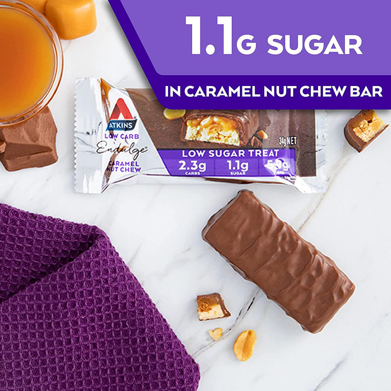 Atkins Endulge Caramel Nut Chew Bars | Keto Friendly Bars | 5 x 34g Low Carb Caramel Chocolate Bars | Low Carb, Low Sugar, High Fibre | 5 Bar Pack