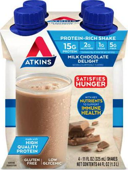 Atkins Gluten Free Protein-Rich Shake, Milk Chocolate, Keto-Friendly, 4 Count