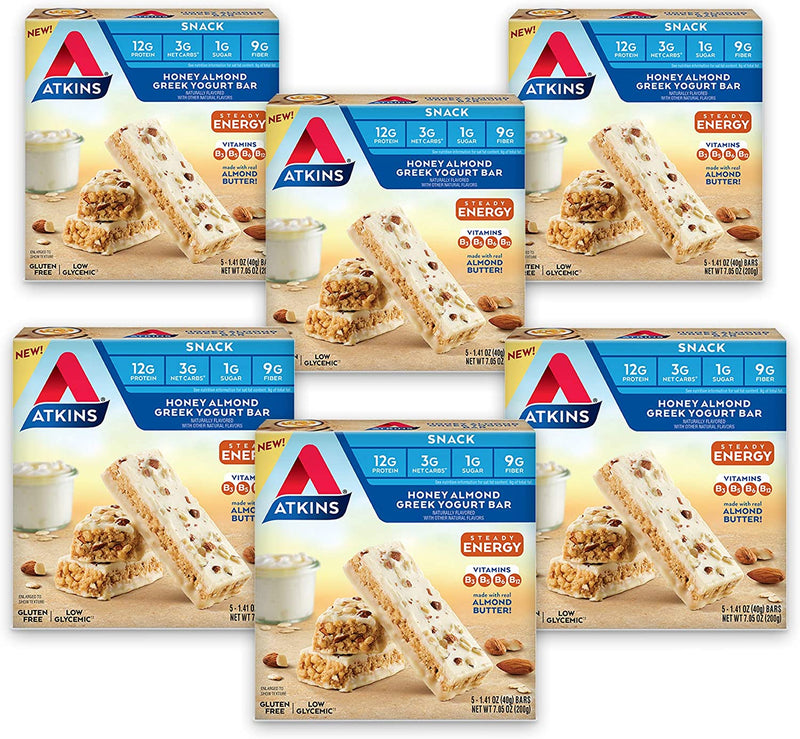 Atkins Honey Almond Greek Yogurt Snack Bar. with B Vitamins and Real Almond Butter. Keto Friendly and Gluten Free., 5 Count (Pack of 6) (505801)