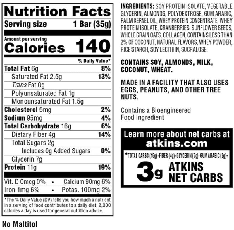 Atkins Protein Meal Bar, Cookies and Crème, Keto Friendly, 5 Count and Atkins Snack Bar, Cranberry Almond, 5 Count