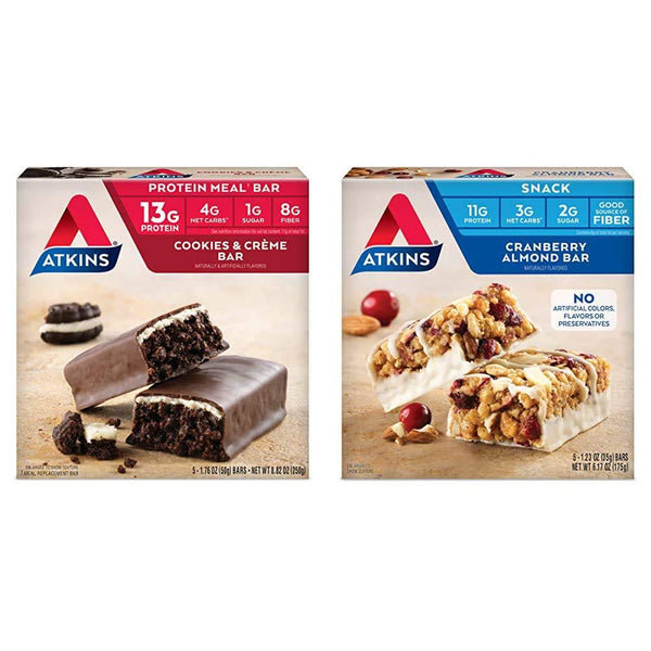 Atkins Protein Meal Bar, Cookies and Crème, Keto Friendly, 5 Count and Atkins Snack Bar, Cranberry Almond, 5 Count