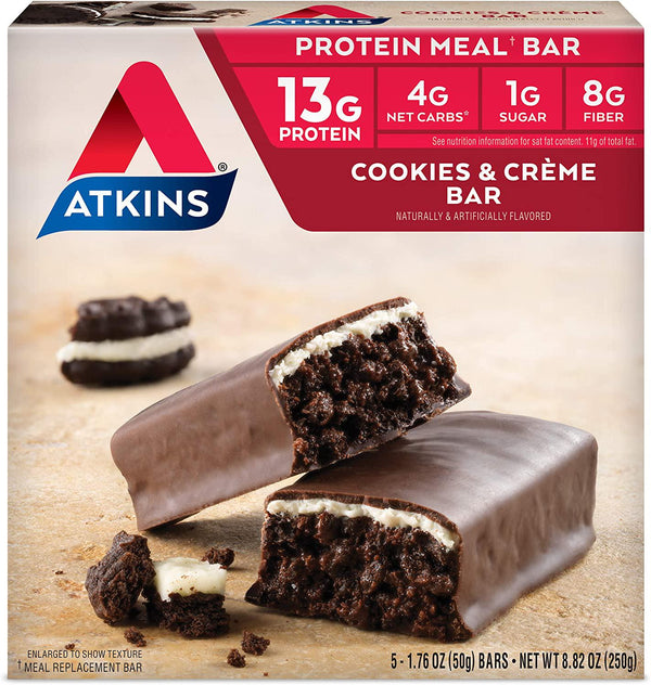 Atkins Protein Meal Bar, Cookies and Crème, Keto Friendly, 5 Count