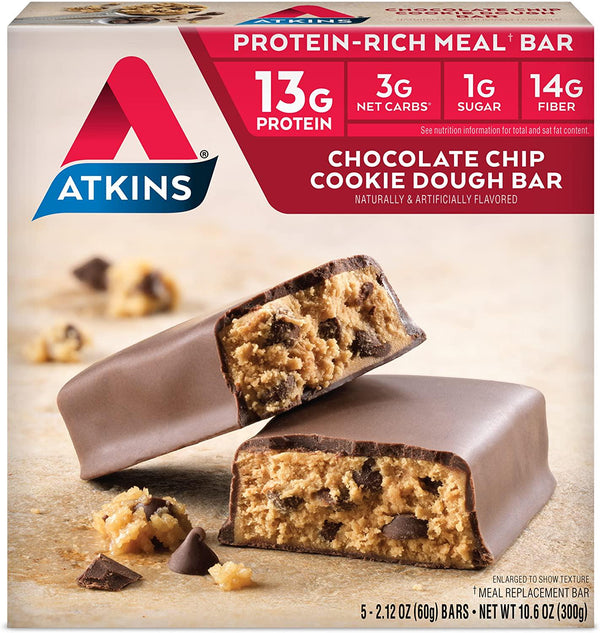 Atkins Protein-Rich Meal Bar, Chocolate Chip Cookie Dough, Keto Friendly, 5 Count (Pack of 6)