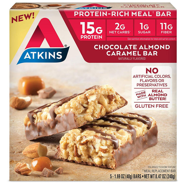 Atkins Protein-Rich Meal Bar, Chocolate Almond Caramel, Keto Friendly, 5 ct - Pack of 2