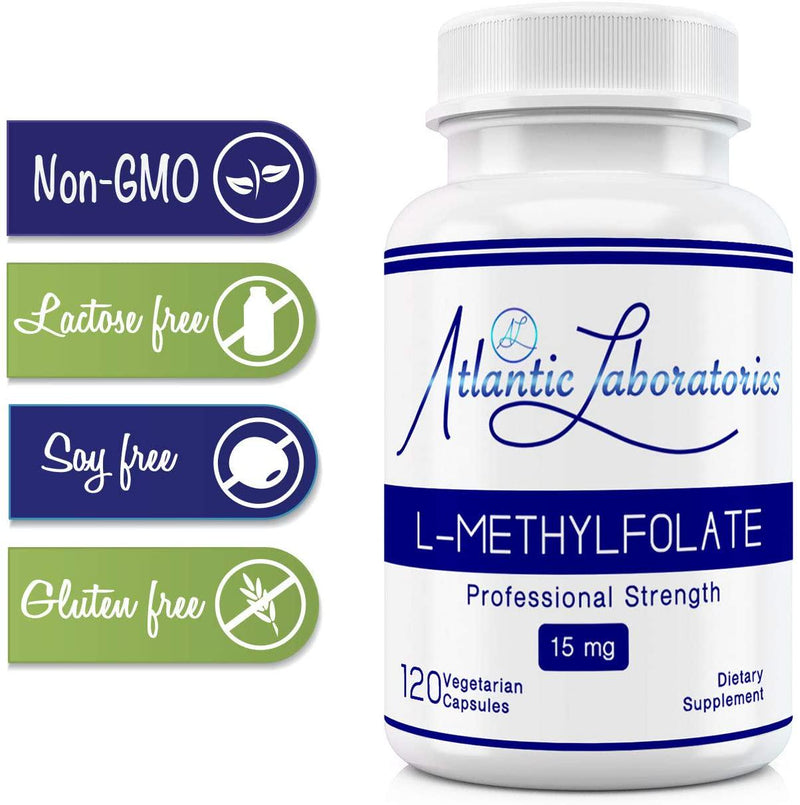 Atlantic Laboratories (5-MTHF) L-Methylfolate 15 mg - 15000 mcg - 120 Vegetarian Capsules - Professional Strength Active Folate Non-GMO