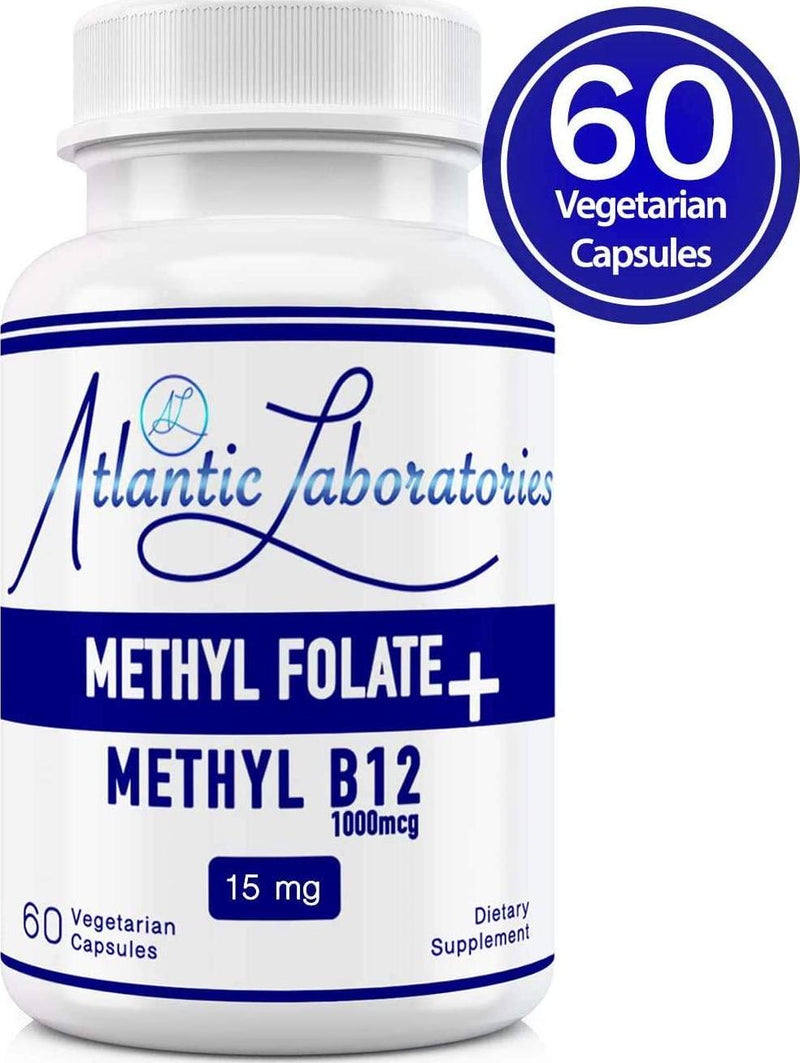 Atlantic Laboratories (5-MTHF) L-Methylfolate 15 mg + B 12 (15000 mcg + 1000 mcg) 60 Vegetarian Capsules - Professional Strength Active Folate, Filler and Gluten Free, Non-GMO
