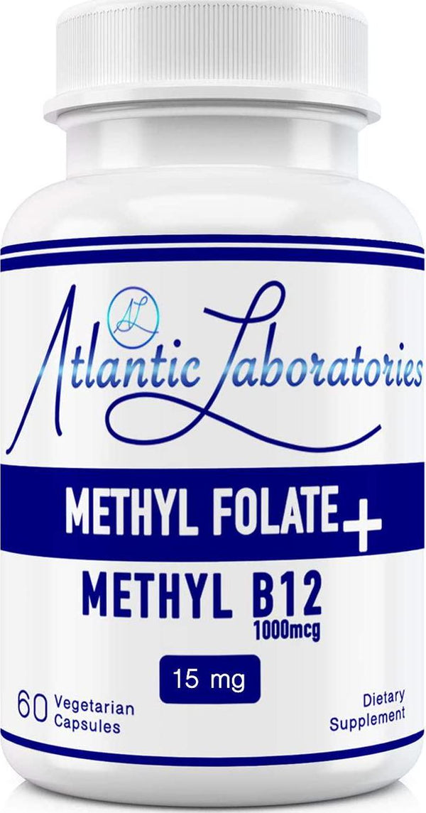Atlantic Laboratories (5-MTHF) L-Methylfolate 15 mg + B 12 (15000 mcg + 1000 mcg) 60 Vegetarian Capsules - Professional Strength Active Folate, Filler and Gluten Free, Non-GMO