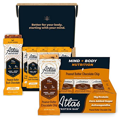 Atlas Mind + Body Keto Protein Bar - Peanut Butter Chocolate Bundle - Low Carb Protein Bars - High Fiber Bars - Low Sugar Meal Replacement Bars - Organic Ashwagandha (20 Count)