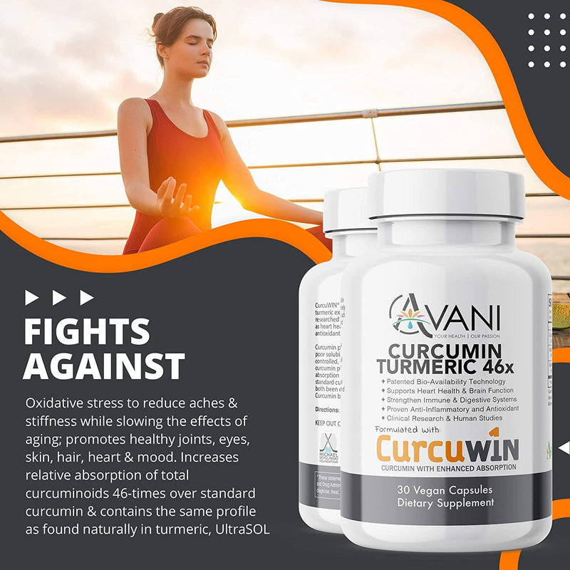 Avani Health - CurcuWIN Award Winning Turmeric Curcumin - Clinically Studied Anti-Inflammatory + Antioxidant - Enhanced Absorption with Bioperine and AstraGin Gluten Free - Non-GMO - 30 Vegan Caps