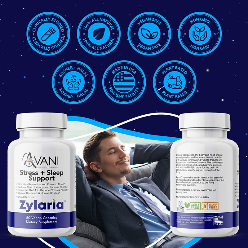 Avani Health – Zylaria – Sleep Aid zZz, Adrenal Fatigue Supplement, Natural Stress, Anxiety and Insomnia Relief, No Melatonin, Power to Sleep PM, Well Rested – 60 Vegan Caps – Clinically Studied